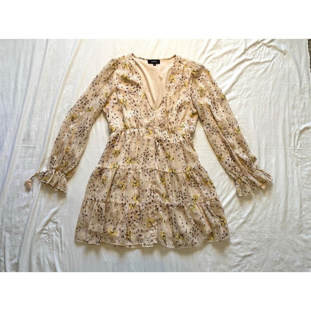 AaKaa Lightweight Tiered Cream Floral Babydoll Mini Dress Size Large Boho